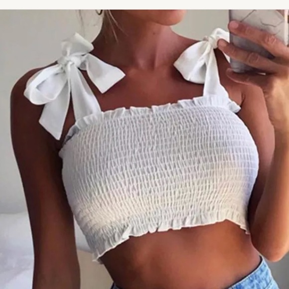 crop tank top tie bow Lolita smocked bandeau shirt ruched sexy festival boho W1 - Picture 3 of 4